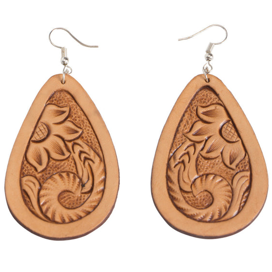 The Design Edge Tooled Pear Drop Earrings Brown Leather Surgical Steel - TE-01 [Col:Brown]