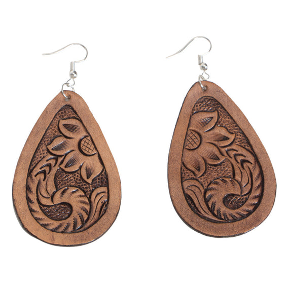 The Design Edge Tooled Pear Drop Earrings Brown Leather Surgical Steel - TE-01 [Col:Tan]