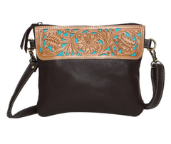 The Design Edge Tooling Leather Hand Carved Clutch Bag - TLB15 [Col:Brown & Turquoise]