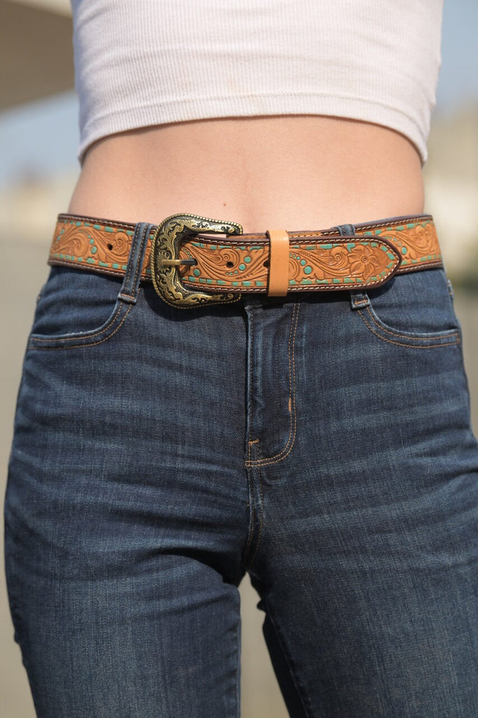 Design Edge Tooling Leather Belt with Removable Buckle & Turq Paint Highlight - Belt-08 [Siz:S]