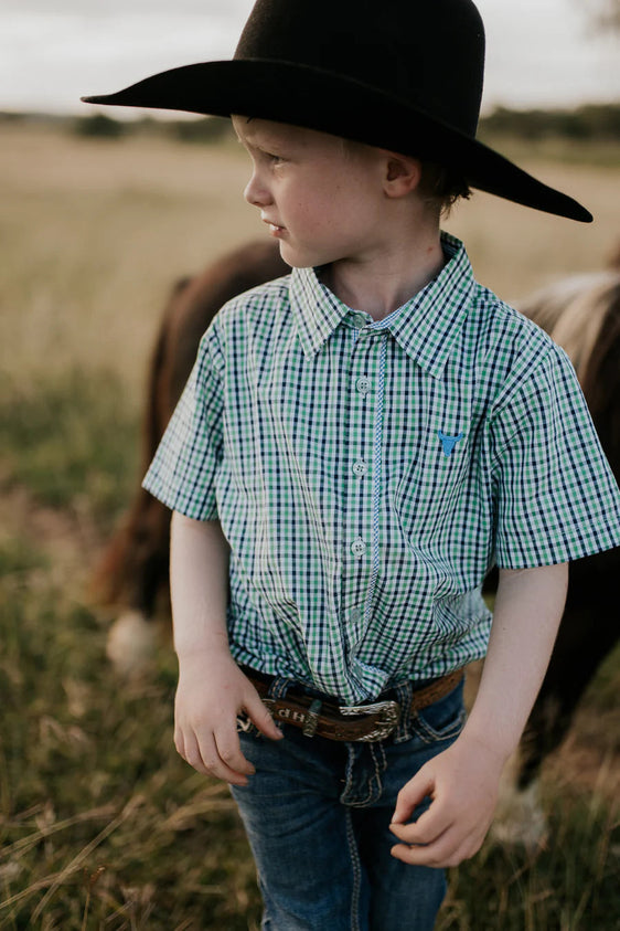 Little Windmill Clothing Co Boys Colton Short Sleeve Shirt - Fresh Green & Blue Gingham [Siz:2]