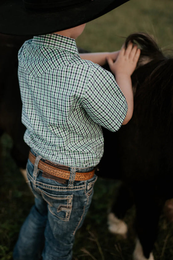 Little Windmill Clothing Co Boys Colton Short Sleeve Shirt - Fresh Green & Blue Gingham [Siz:4]