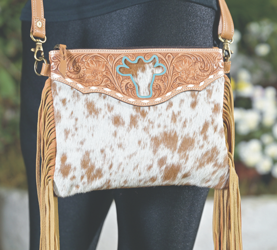 The Design Edge Bullhead Cowhide Sling Bag - Marbella [Col:Tan & White Hairon]