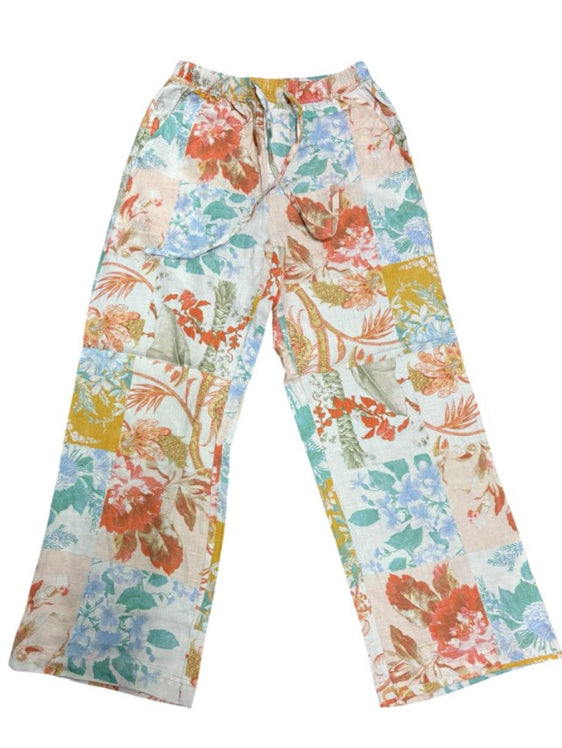 Corfu Womens Linen Printed Pants - Blush & Bloom [Siz:8]