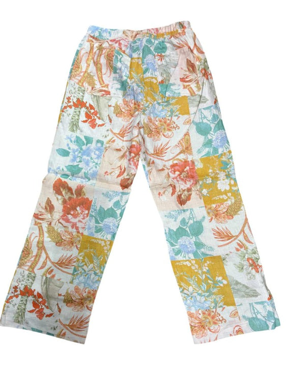 Corfu Womens Linen Printed Pants - Blush & Bloom [Siz:8]