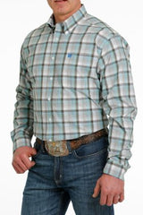 Cinch Mens Plaid Button Down Shirt - White/Green/Brown