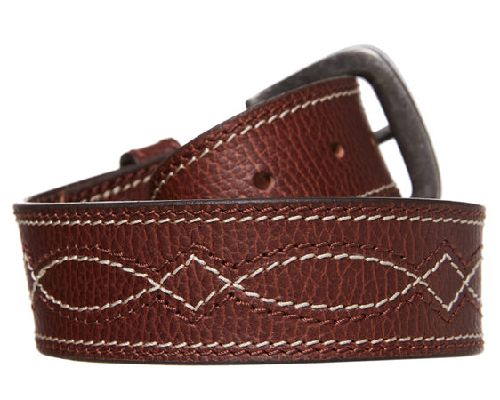 Statesman PBR Genuine Leather Decor Stitch Belt - Brown