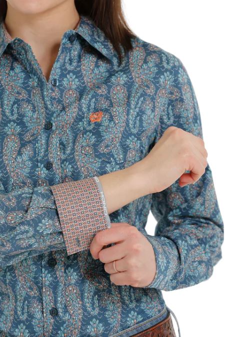 Cinch Ladies Bull Button Long Sleeve Paisley Print Shirt - Blue