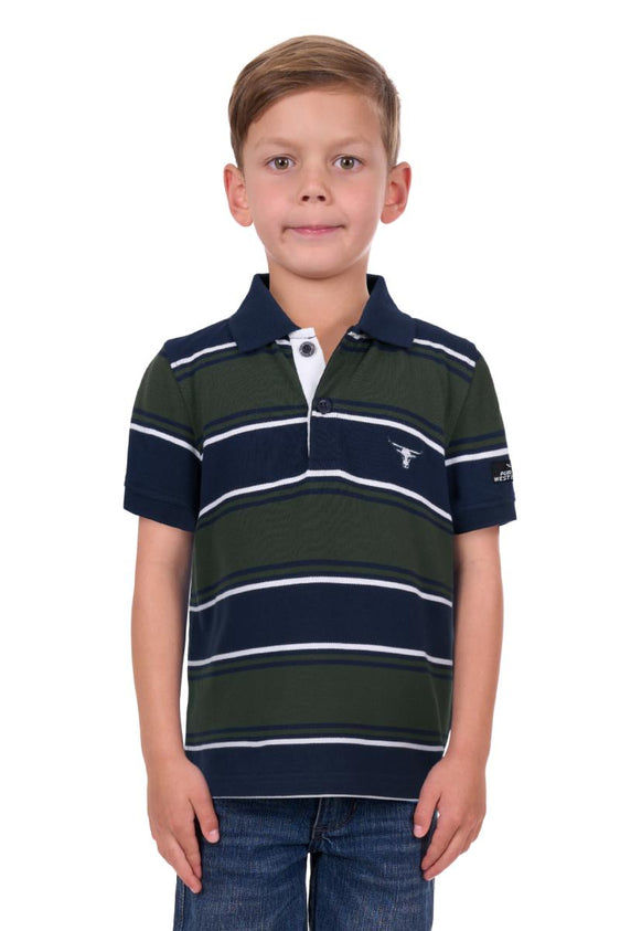 Pure Western Boys Carl Short Sleeve Polo - Navy/Green