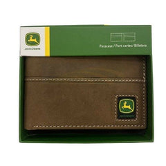 John Deere Tan Distressed Leather Bi-Fold Wallet with Rubber Trademark Patch