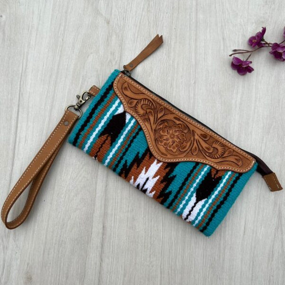 Design Edge Turq Saddle Blanket Clutch with Tooled Leather - TSB-41D