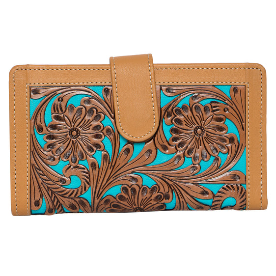 Design Edge Tooling Leather Carved Clutch Wallet with Turquoise Base - TLW-25