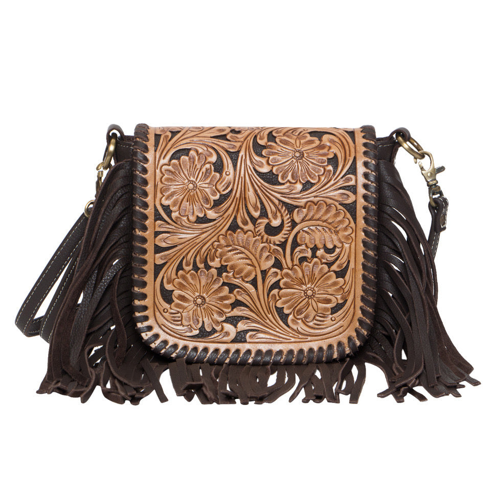 The Design Edge Tooling Leather Hand Carved Flap Sling Bag
