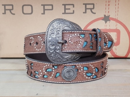 Roper 67907 Womens Belt 1 1/2 Leather Brown Tooled/Blue Cutout [Siz:S]