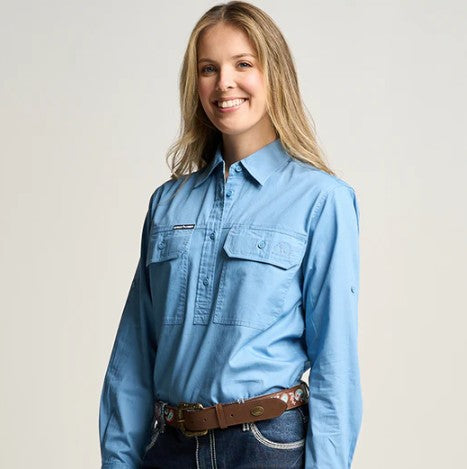Outback Cobber Womens Somerset Half-Button Long Sleeve Workshirt [Col:Sky Blue Siz:8]