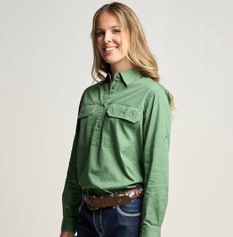 Outback Cobber Womens Somerset Half-Button Long Sleeve Workshirt [Col:Gum Leaf Green Siz:8]