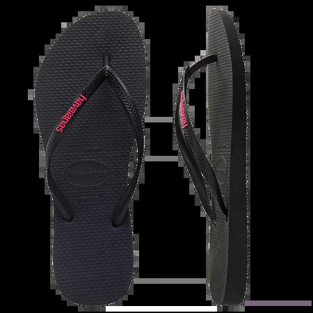 Havaianas Slim Rubber Logo Thongs - Black/Neon Pink [Siz:35/36]