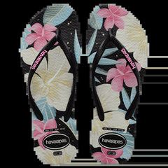 Havaianas Womens Slim Floral Thongs - Black/Pink [Siz:37/38]