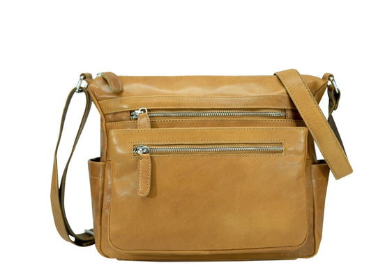 Green Wood Cowhide Medium Ladies Crossbody Bag [Col:Camel]