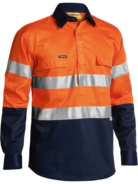 Bisley Taped Hi Vis Closed Front Drill Shirt BTC6456 [Col:Orange/Navy Siz:2XL]