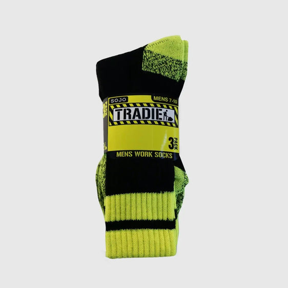 Tradie Mens Socks 3 Pack M22530SJ.COL01 [Col:Black/Fluro Yellow Siz:11-13]