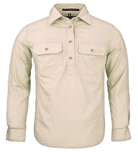 Pilbara Kids Closed Front L/S Shirt [Col:Stone Siz:Y0]