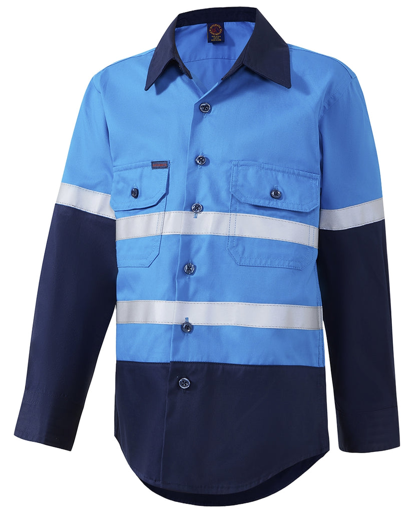 Ritemate Kids 2 Tone Open Front Shirt with Tape [Col:Blue/Navy Siz:Y5-6]