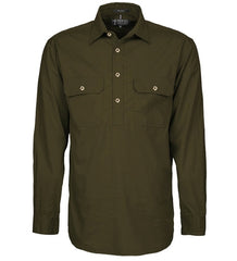 Mens Pilbara Closed Front L/S Shirt [Col:Olive Siz:XS]