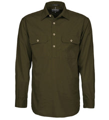 Mens Pilbara Closed Front L/S Shirt [Col:Olive Siz:L]