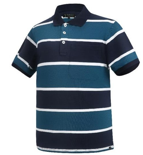 Pilbara Mens Striped Pocket Polo [Col:Clay/French Navy/White Siz:S]