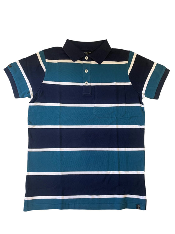 Pilbara Mens Striped Pocket Polo [Col:Clay/French Navy/White Siz:M]