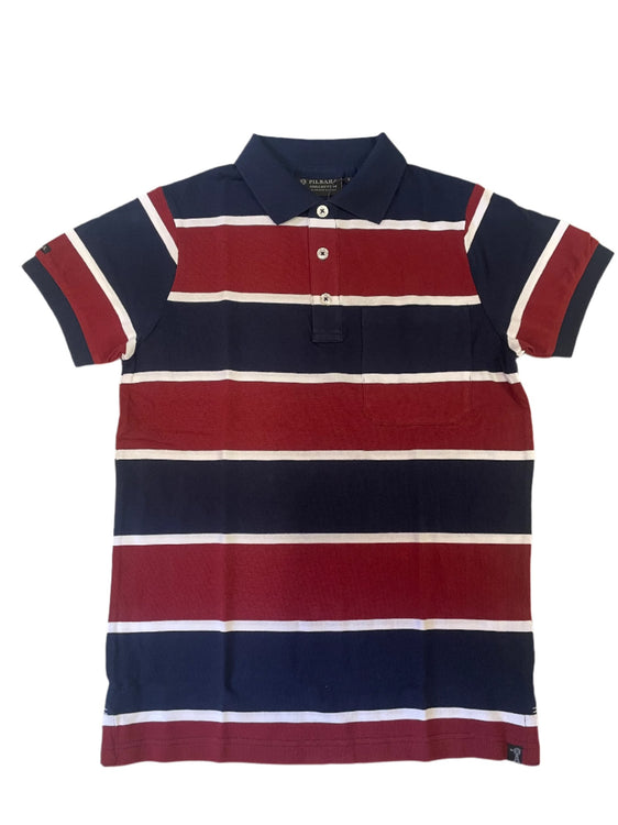 Pilbara Mens Striped Pocket Polo [Col:Clay/French Navy/White Siz:L]