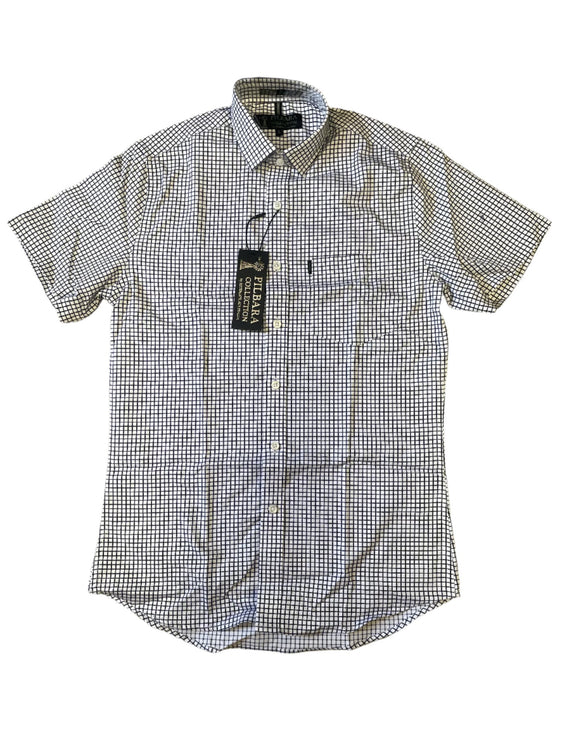 Pilbara Mens Y/D Check Single Pocket Short Sleeve Shirt - Navy/White [Siz:S]