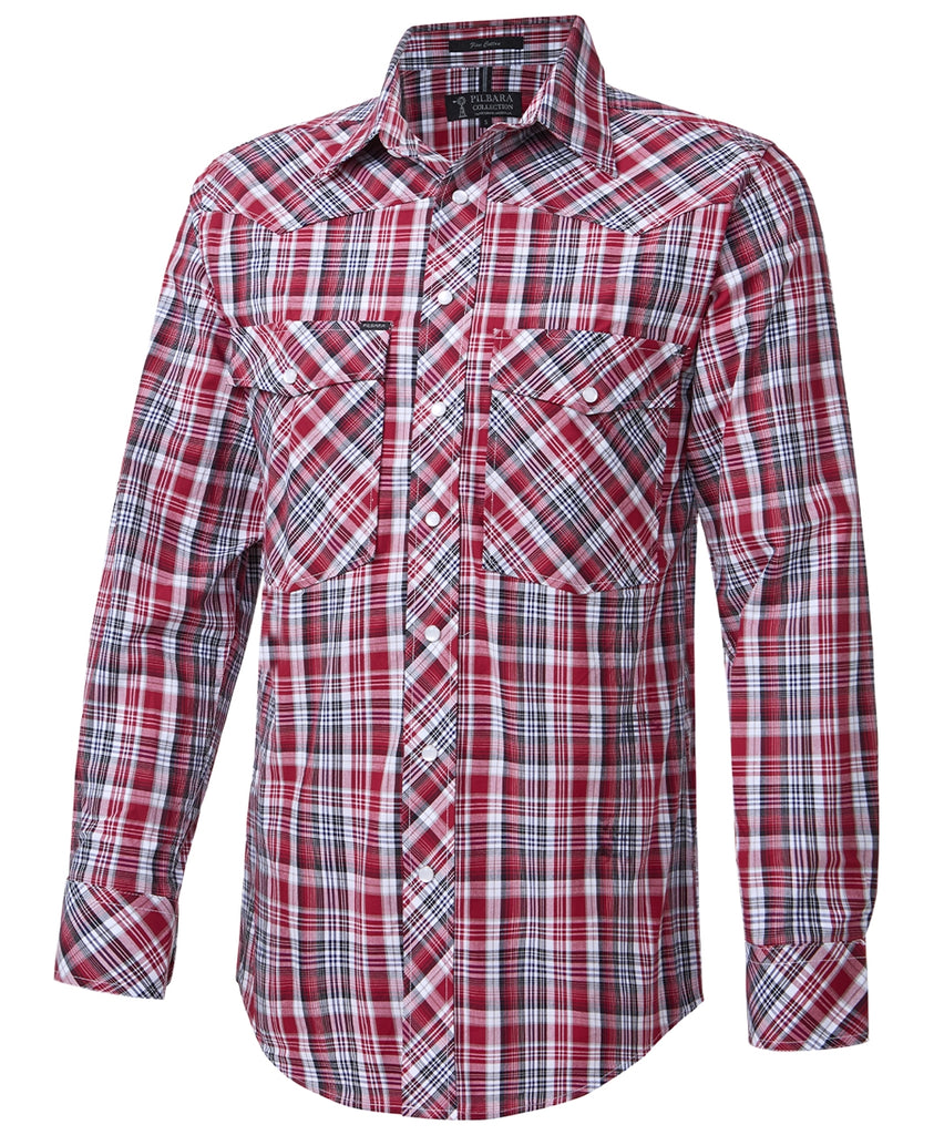 Pilbara MEN'S Western Snap Button L/S Shirt [Col:Red-Black-White Siz:M]