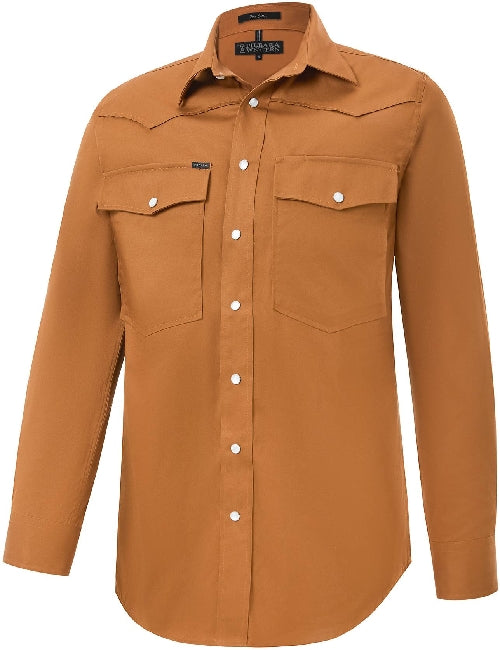 Pibara Western Mens Snap Button Long Sleeve Shirt [Col:Terracotta Siz:S]