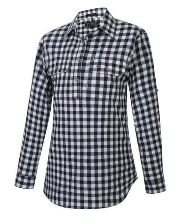 Pilbara Womens Y/D Check Closed Front Long Sleeve Shirt [Col:Navy/white Siz:8]