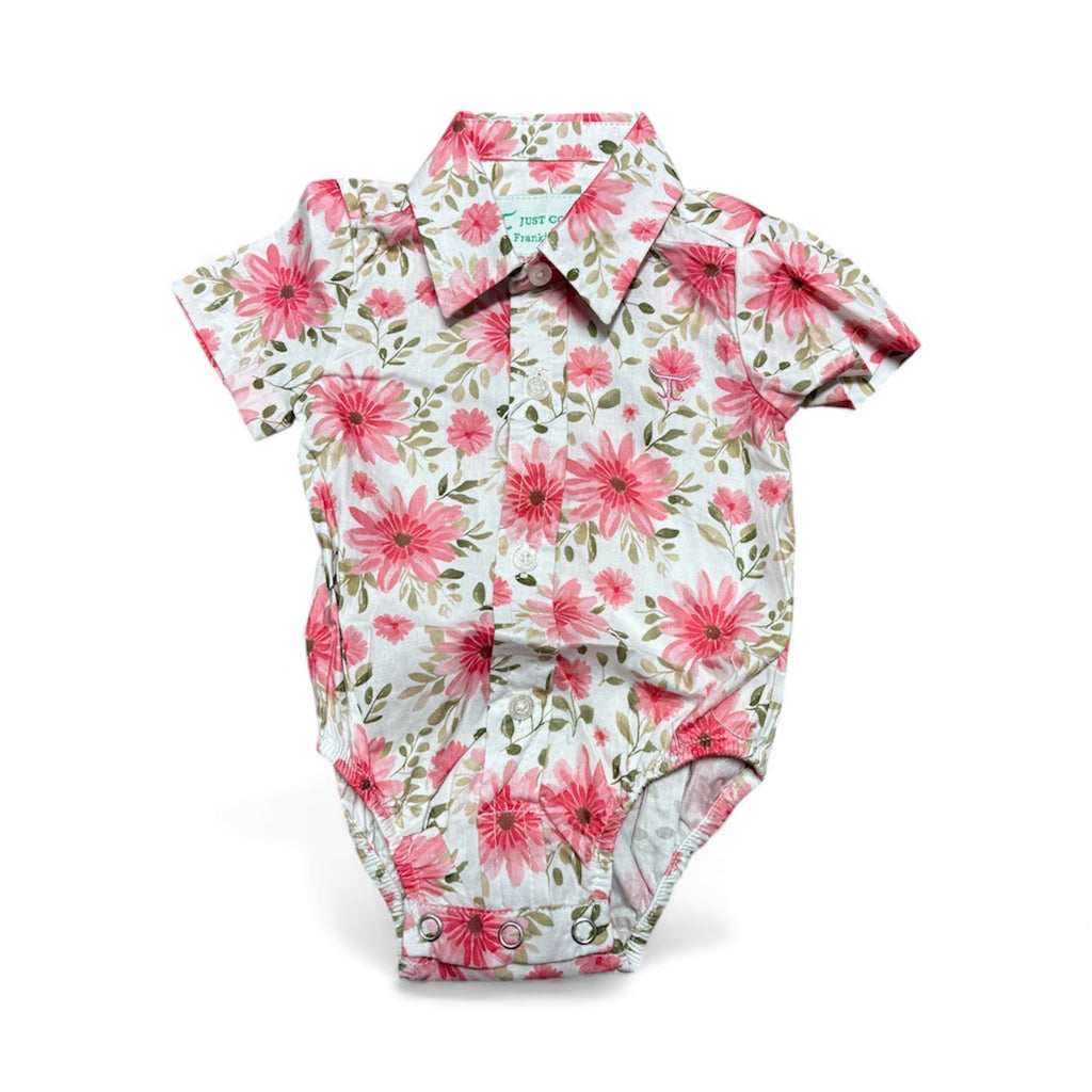 Just Country Infant's Frankie Short Sleeve Full Button Jumpsuit - White Gerberas [Siz:000]