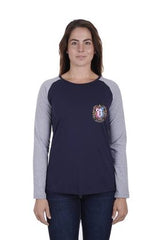 Bullzye Womens Royal Long Sleeve Raglan Tee - Dark Navy/Grey Marle [Siz:12]