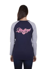 Bullzye Womens Royal Long Sleeve Raglan Tee - Dark Navy/Grey Marle [Siz:12]