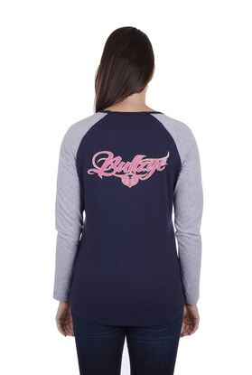 Bullzye Womens Royal Long Sleeve Raglan Tee - Dark Navy/Grey Marle [Siz:12]