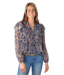 Pure Western Womens Becca Ruflle Long Sleeve Top - Multi [Siz:8]