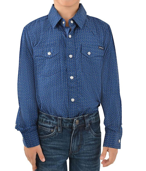 Pure Western Boys Duke Print Western Long Sleeve Shirt - Navy [Siz:2]