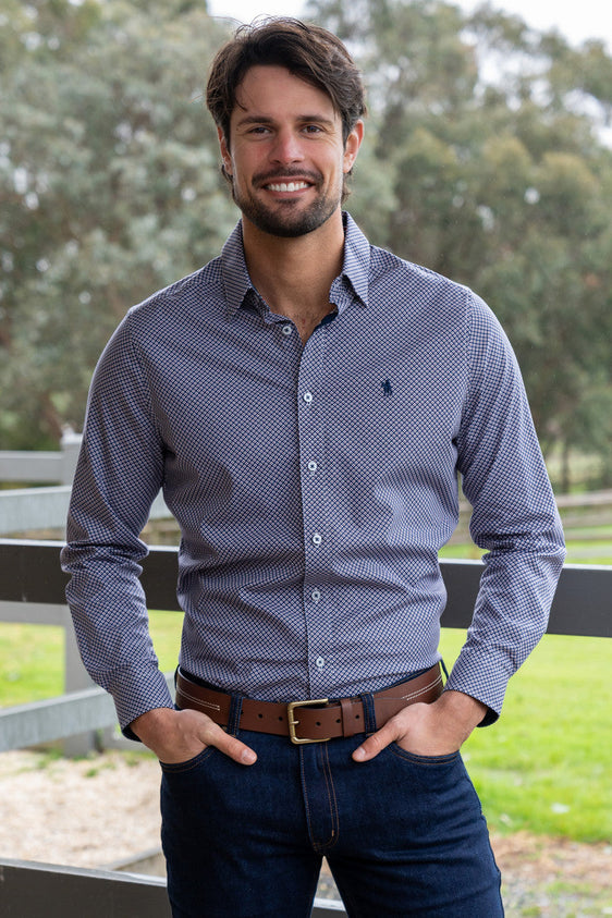 Thomas Cook Mens Stephen Tailored Long Sleeve Shirt - Navy/Tan [Siz:S]