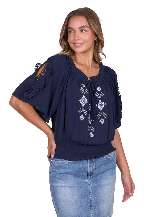 Pure Western Womens Deanne Short Sleeve Blouse - Navy [Siz:8]