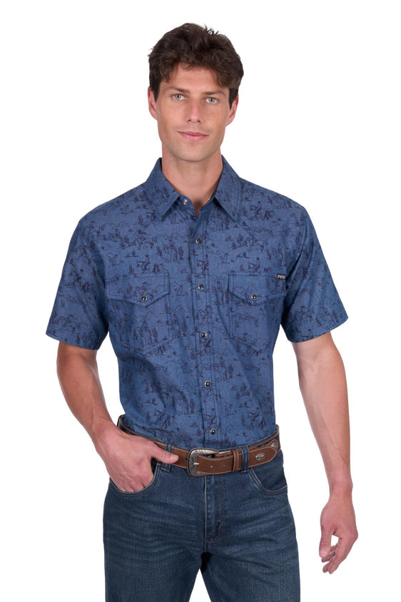 Pure Western Mens Travis Short Sleeve Shirt - Chambray [Siz:S]