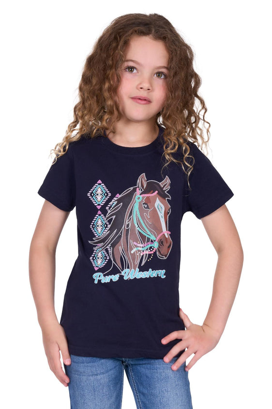 Pure Western Girls Ashlyn Short Sleeve Tee - Navy [Siz:4]