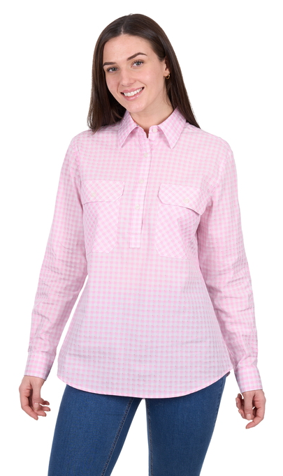 Hard Slog Womens L/S 1/2 PLKT Shirt, Clara, Pink/White/Gold Check [Siz:8]