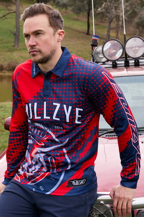 Bullzye Mens Long Sleeve Polo - Red/Blue [Siz:S]