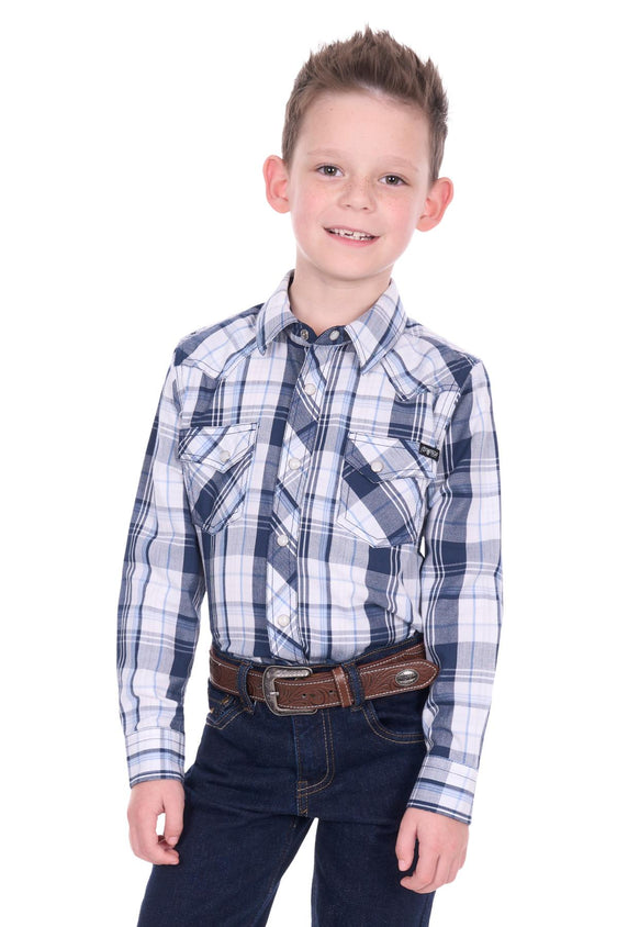 Pure Western Boy’s Billy Check Western Long Sleeve Shirt - Navy/White [Siz:4]