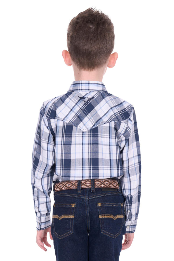 Pure Western Boy’s Billy Check Western Long Sleeve Shirt - Navy/White [Siz:4]